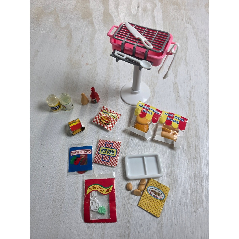 Vintage 1991 Barbie Fun Fixin Grill Play Food Set Pink Grill Hot Dogs Burgers